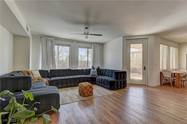 9992 Sky Parlor Rd, Las Vegas, NV 89178 - living room with a textured ceiling, wood finished floors, and ceiling fan