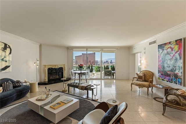 2877 Paradise Rd Unit 2502, Las Vegas, NV 89109 - tiled living area with crown molding and a high end fireplace