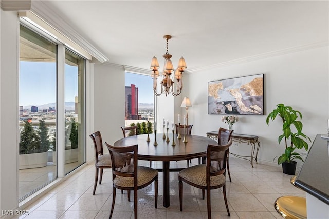2877 Paradise Rd Unit 2502, Las Vegas, NV 89109 - dining space with a chandelier, plenty of natural light, light tile patterned flooring, ornamental molding, and a view of city