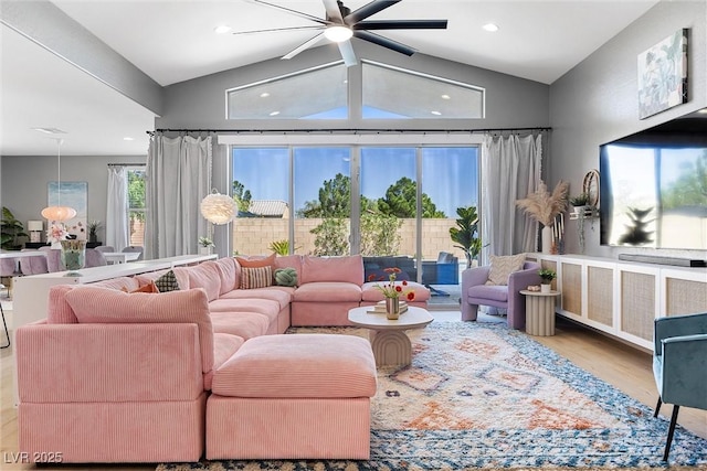 8440 Footpath St, Las Vegas, NV 89166 - living area with vaulted ceiling, wood finished floors, a ceiling fan, and recessed lighting