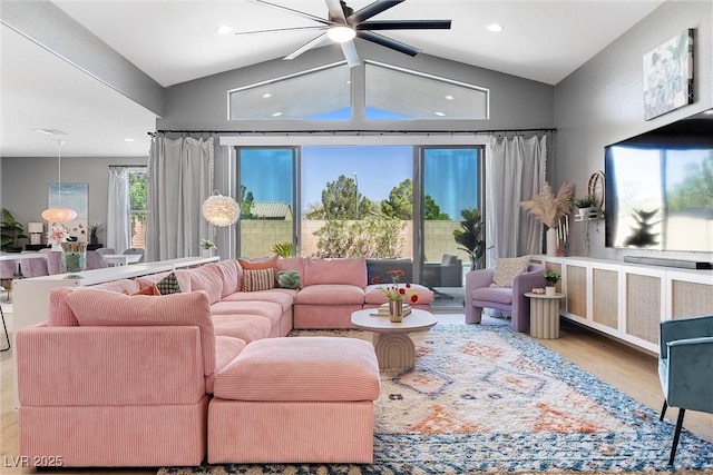 8440 Footpath St, Las Vegas, NV 89166 - living room with lofted ceiling, wood finished floors, a ceiling fan, and recessed lighting