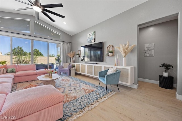 8440 Footpath St, Las Vegas, NV 89166 - living area with wood finished floors, a ceiling fan, high vaulted ceiling, baseboards, and recessed lighting