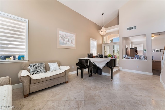 9000 Cotton Rose Way, Las Vegas, NV 89134 - interior space featuring visible vents, baseboards, vaulted ceiling, and french doors