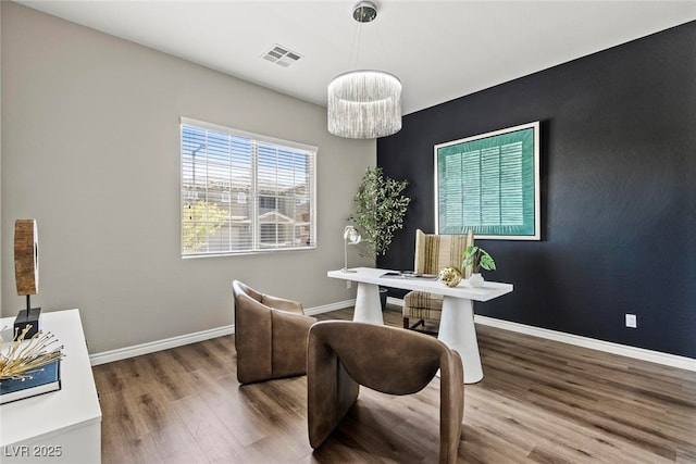 257 Elder View Dr, Las Vegas, NV 89138 - home office featuring wood finished floors, a chandelier, and baseboards