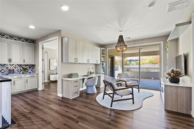 257 Elder View Dr, Las Vegas, NV 89138 - kitchen featuring backsplash, dark wood-style flooring, recessed lighting, pendant lighting, and light countertops