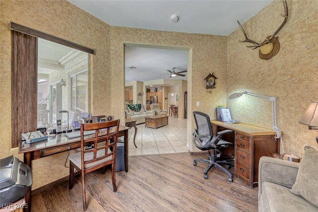1862 Redwood Valley St, Henderson, NV 89052 - office area featuring ceiling fan, wood finished floors, and wallpapered walls