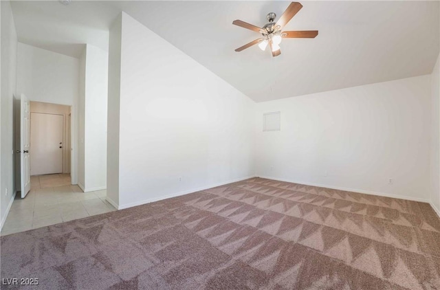 bonus room featuring carpet, a ceiling fan, vaulted ceiling, tile patterned floors, and baseboards
