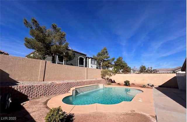 view of pool with a fenced backyard, a fenced in pool, and a patio area