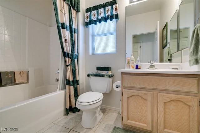 full bath featuring shower / bathtub combination with curtain, vanity, toilet, tile patterned floors, and baseboards