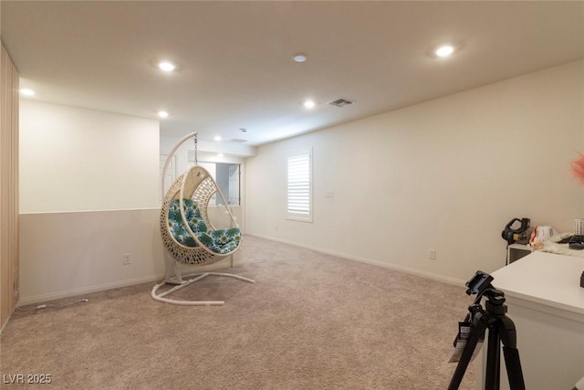 workout room featuring visible vents, baseboards, recessed lighting, and carpet flooring