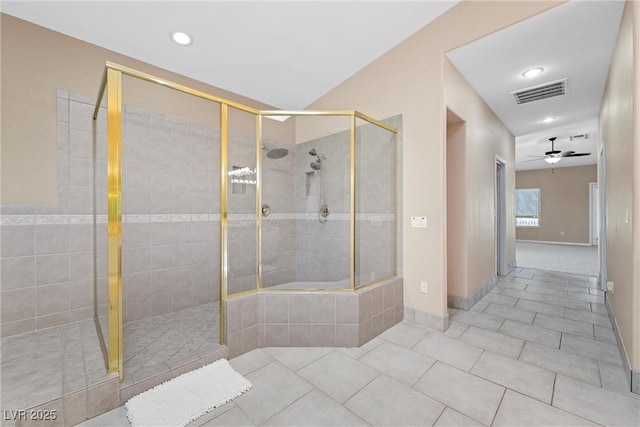 7460 Grassy Field Ct, Las Vegas, NV 89131 - full bath with tile patterned floors, a stall shower, ceiling fan, and recessed lighting