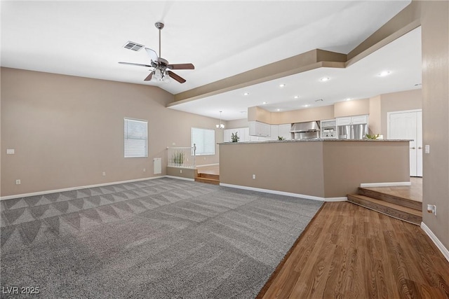 7460 Grassy Field Ct, Las Vegas, NV 89131 - unfurnished living room featuring a ceiling fan, baseboards, wood finished floors, and recessed lighting