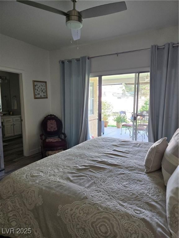 bedroom with access to outside, baseboards, ensuite bath, ceiling fan, and wood finished floors