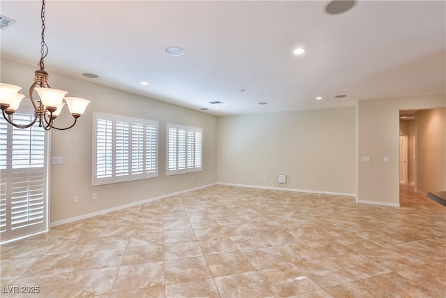 2229 Suffron Hills Ct, Henderson, NV 89044 - spare room with visible vents, baseboards, light tile patterned floors, an inviting chandelier, and recessed lighting