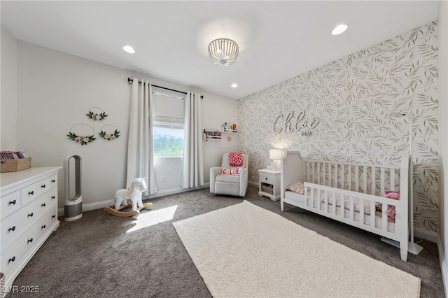 12665 Cooks Bay Ct, Las Vegas, NV 89141 - bedroom with a crib, baseboards, carpet, and wallpapered walls