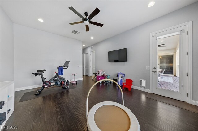 12665 Cooks Bay Ct, Las Vegas, NV 89141 - workout area featuring visible vents, baseboards, a ceiling fan, recessed lighting, and wood finished floors
