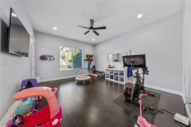 12665 Cooks Bay Ct, Las Vegas, NV 89141 - exercise room with recessed lighting, baseboards, a ceiling fan, and wood finished floors