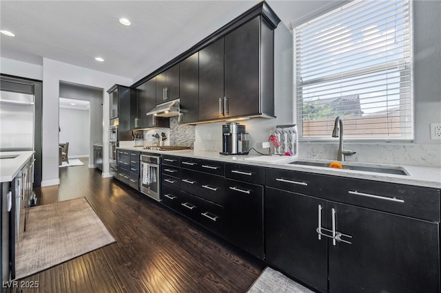12665 Cooks Bay Ct, Las Vegas, NV 89141 - kitchen with a sink, dark cabinetry, under cabinet range hood, dark wood-style floors, and decorative backsplash