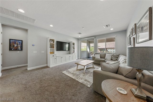 12665 Cooks Bay Ct, Las Vegas, NV 89141 - living room with visible vents, baseboards, recessed lighting, and carpet floors