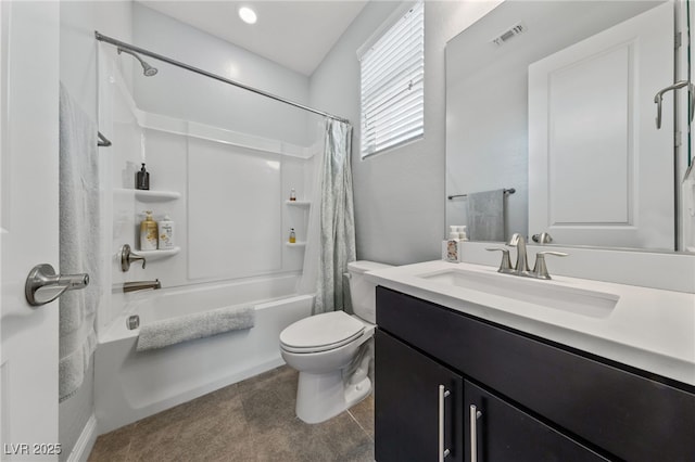 12665 Cooks Bay Ct, Las Vegas, NV 89141 - full bathroom featuring shower / bath combination with curtain, vanity, tile patterned flooring, visible vents, and toilet