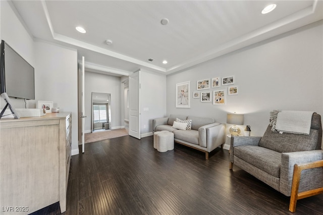 12665 Cooks Bay Ct, Las Vegas, NV 89141 - living area with a raised ceiling, dark wood-style flooring, baseboards, and recessed lighting
