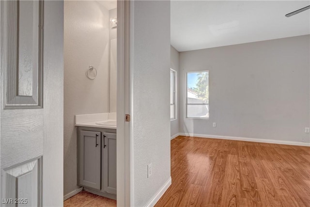 bathroom featuring baseboards, vanity, and wood finished floors