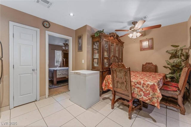 dining area with recessed lighting, light tile patterned floors, visible vents, and a ceiling fan