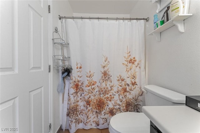 full bathroom featuring curtained shower, vanity, and toilet