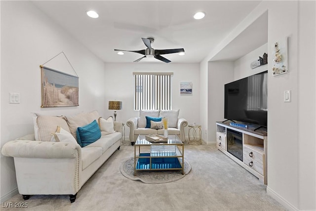 10052 Silver Comet Ct, Las Vegas, NV 89178 - living room featuring a ceiling fan, carpet flooring, baseboards, and recessed lighting