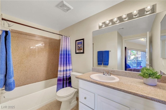 full bath with vanity, tile patterned flooring, visible vents, toilet, and shower / tub combo with curtain