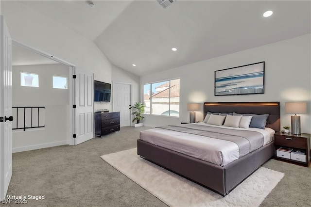 6509 Old Oxford Ave, Las Vegas, NV 89108 - carpeted bedroom featuring high vaulted ceiling, baseboards, visible vents, and recessed lighting