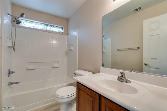 full bath with toilet, bathing tub / shower combination, vanity, and visible vents