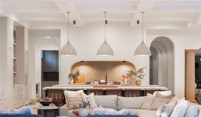 15 Vintage Canyon St, Las Vegas, NV 89141 - living room with coffered ceiling, arched walkways, and beamed ceiling