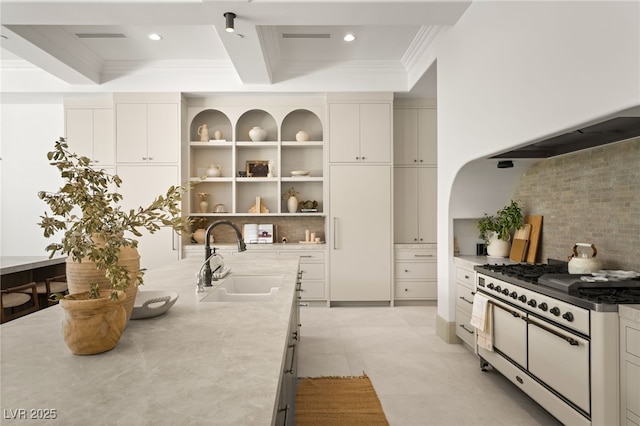 15 Vintage Canyon St, Las Vegas, NV 89141 - kitchen featuring a sink, open shelves, backsplash, and double oven range