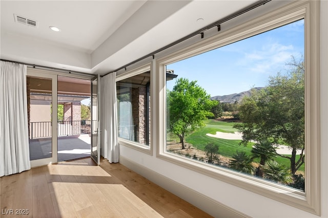 15 Vintage Canyon St, Las Vegas, NV 89141 - doorway featuring baseboards, a mountain view, recessed lighting, visible vents, and hardwood / wood-style floors