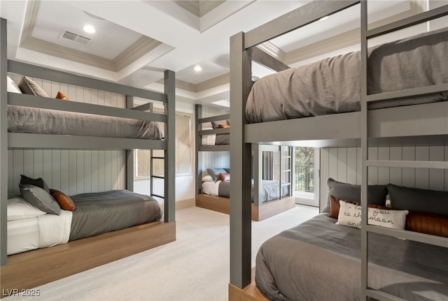 15 Vintage Canyon St, Las Vegas, NV 89141 - bedroom with visible vents, carpet, crown molding, access to exterior, and coffered ceiling