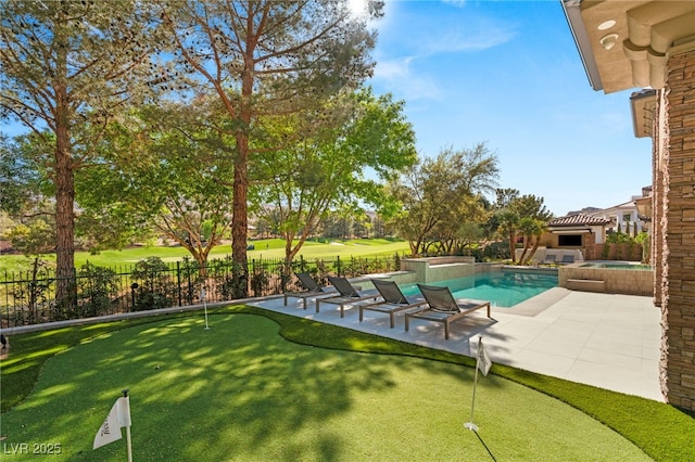 15 Vintage Canyon St, Las Vegas, NV 89141 - view of swimming pool with a fenced in pool, a patio, view of golf course, an in ground hot tub, and fence