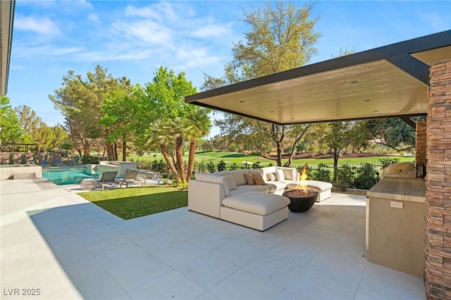15 Vintage Canyon St, Las Vegas, NV 89141 - view of patio featuring an outdoor fire pit, an outdoor pool, and fence