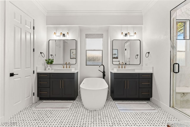 bathroom featuring a stall shower, crown molding, two vanities, a freestanding bath, and baseboards