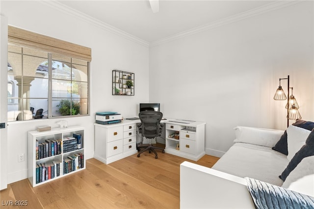 office space with light wood finished floors, ornamental molding, and baseboards