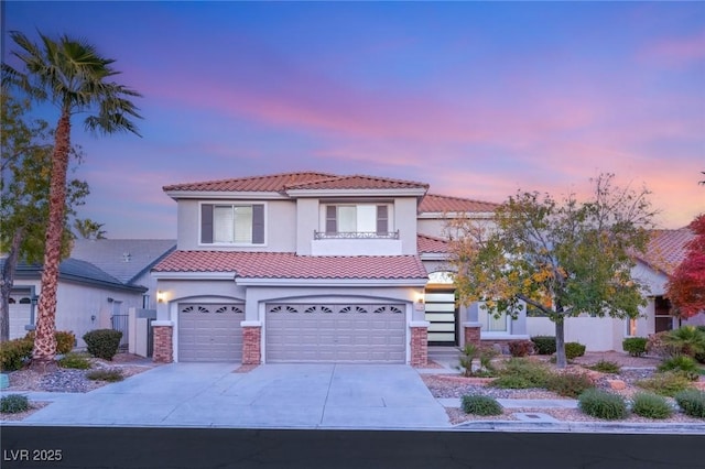 2236 Timber Rose Dr, Las Vegas, NV 89134 - mediterranean / spanish-style house featuring a garage, stucco siding, a tiled roof, and concrete driveway
