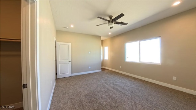 unfurnished bedroom with recessed lighting, baseboards, ceiling fan, and carpet