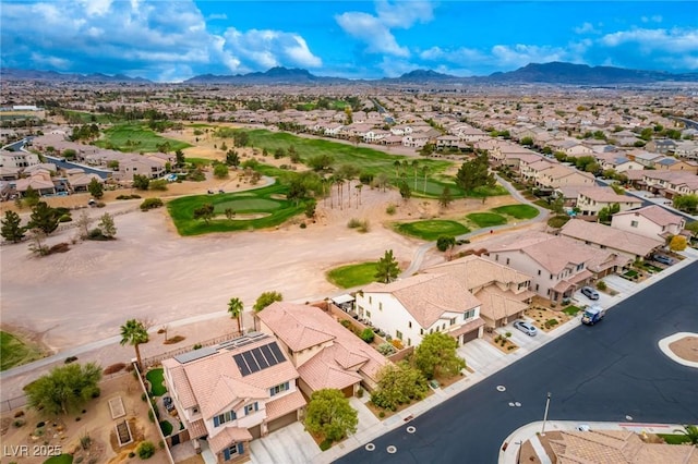 bird's eye view featuring a residential view, golf course view, and a mountain view