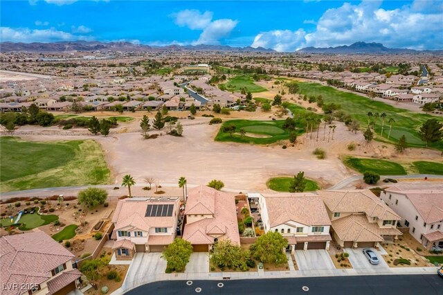 birds eye view of property featuring a residential view, golf course view, and a mountain view