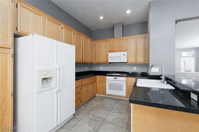 1709 Pacific Panorama Pl, Las Vegas, NV 89144 - kitchen with white appliances, a sink, light brown cabinetry, light tile patterned floors, and recessed lighting