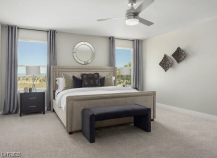 bedroom featuring carpet flooring, baseboards, and a ceiling fan