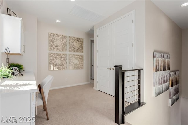 office featuring light carpet, baseboards, and recessed lighting