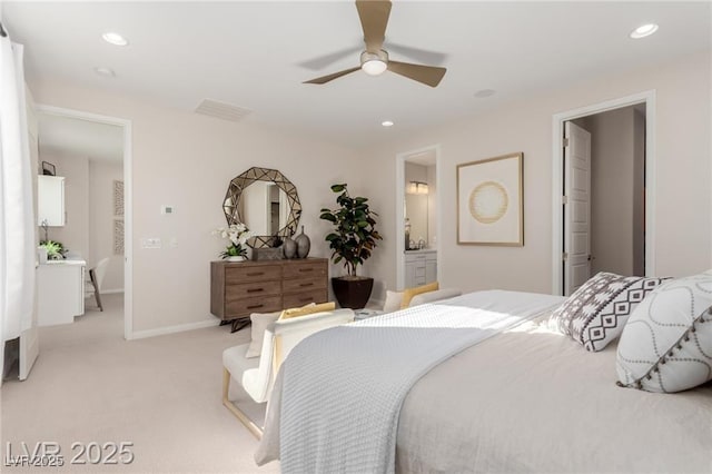 bedroom featuring a ceiling fan, light colored carpet, baseboards, visible vents, and recessed lighting