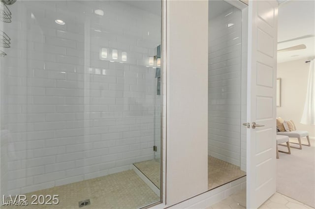 full bath with tile patterned floors and a shower stall