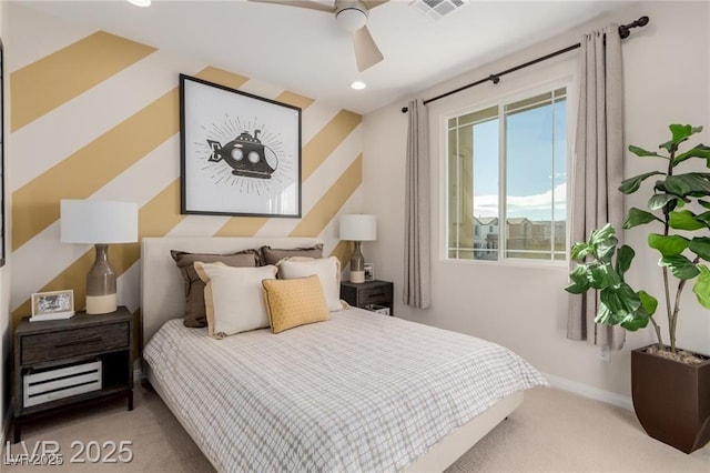 bedroom with baseboards, visible vents, carpet, recessed lighting, and ceiling fan